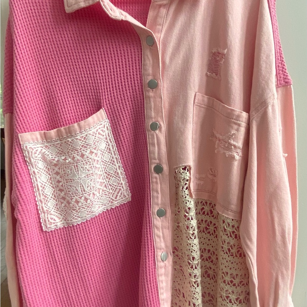 NEW, POL, Powder Pink Distressed Shacket - Picture 4 of 5